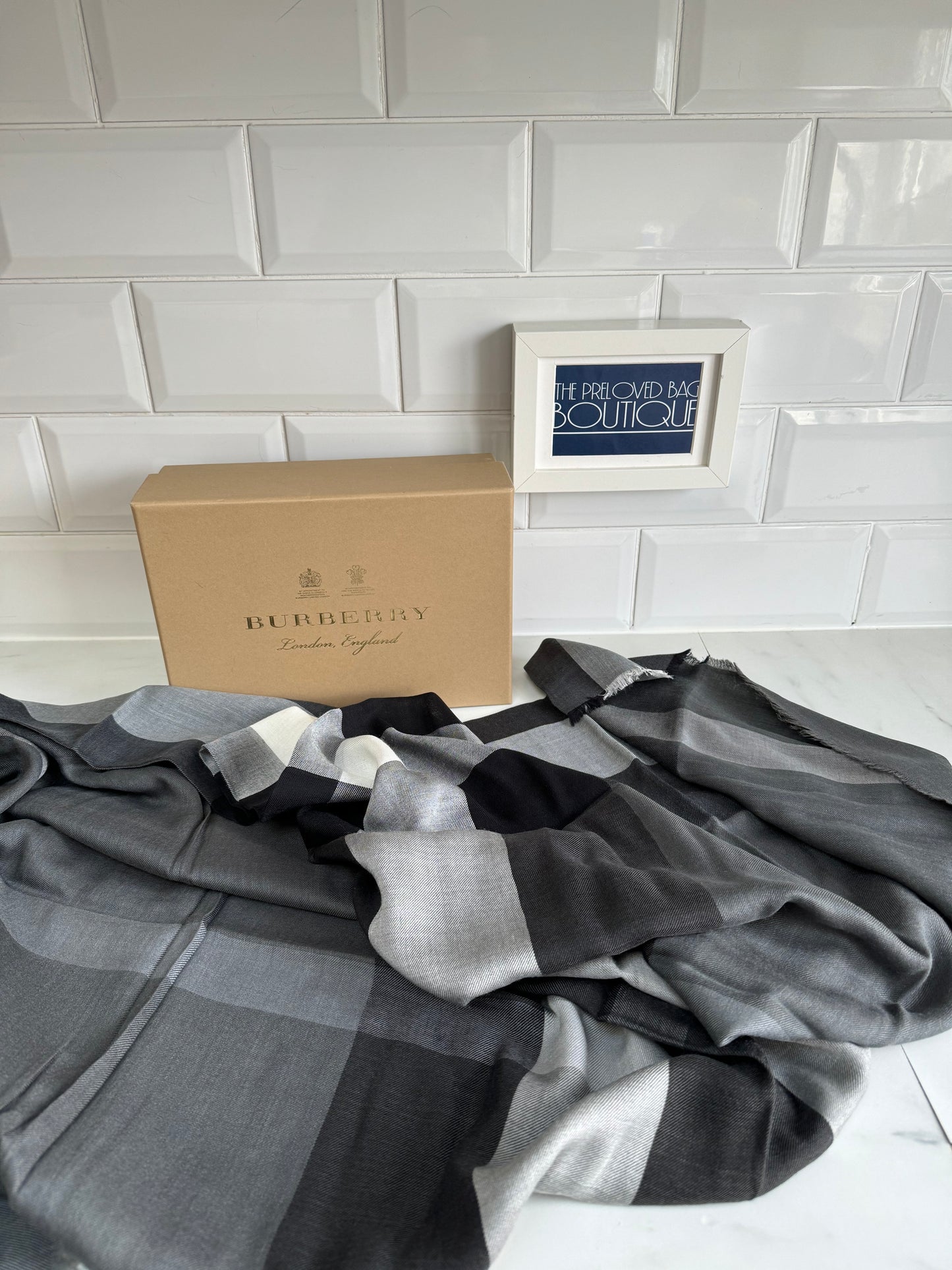 Burberry Scarf/Shawl - White, Black & Grey