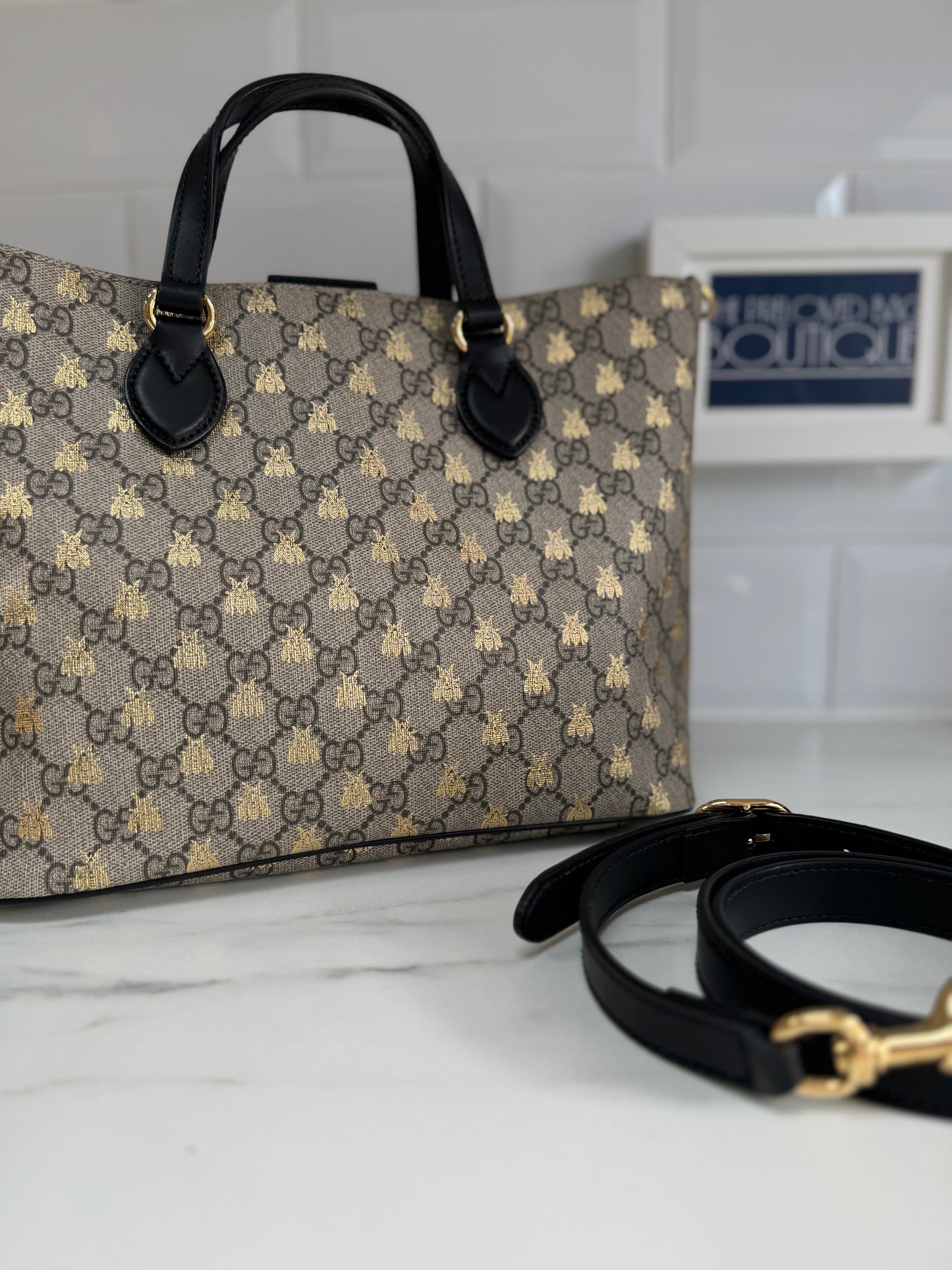 Gucci Limited Edition GGMonogram Supreme Bees Tote - Brown & Gold