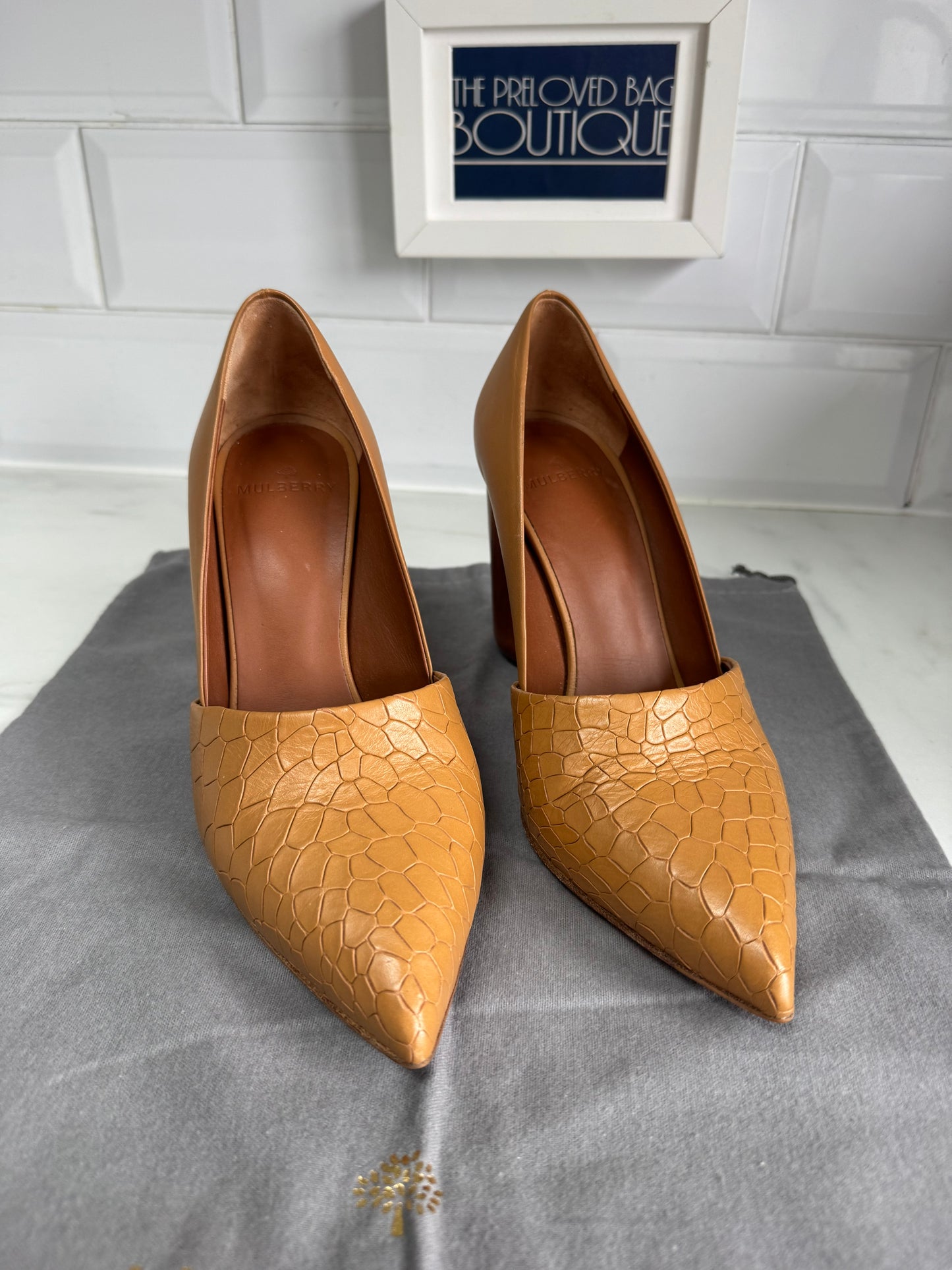 Mulberry Croc Nappa Leather Wooden Heels - Camel