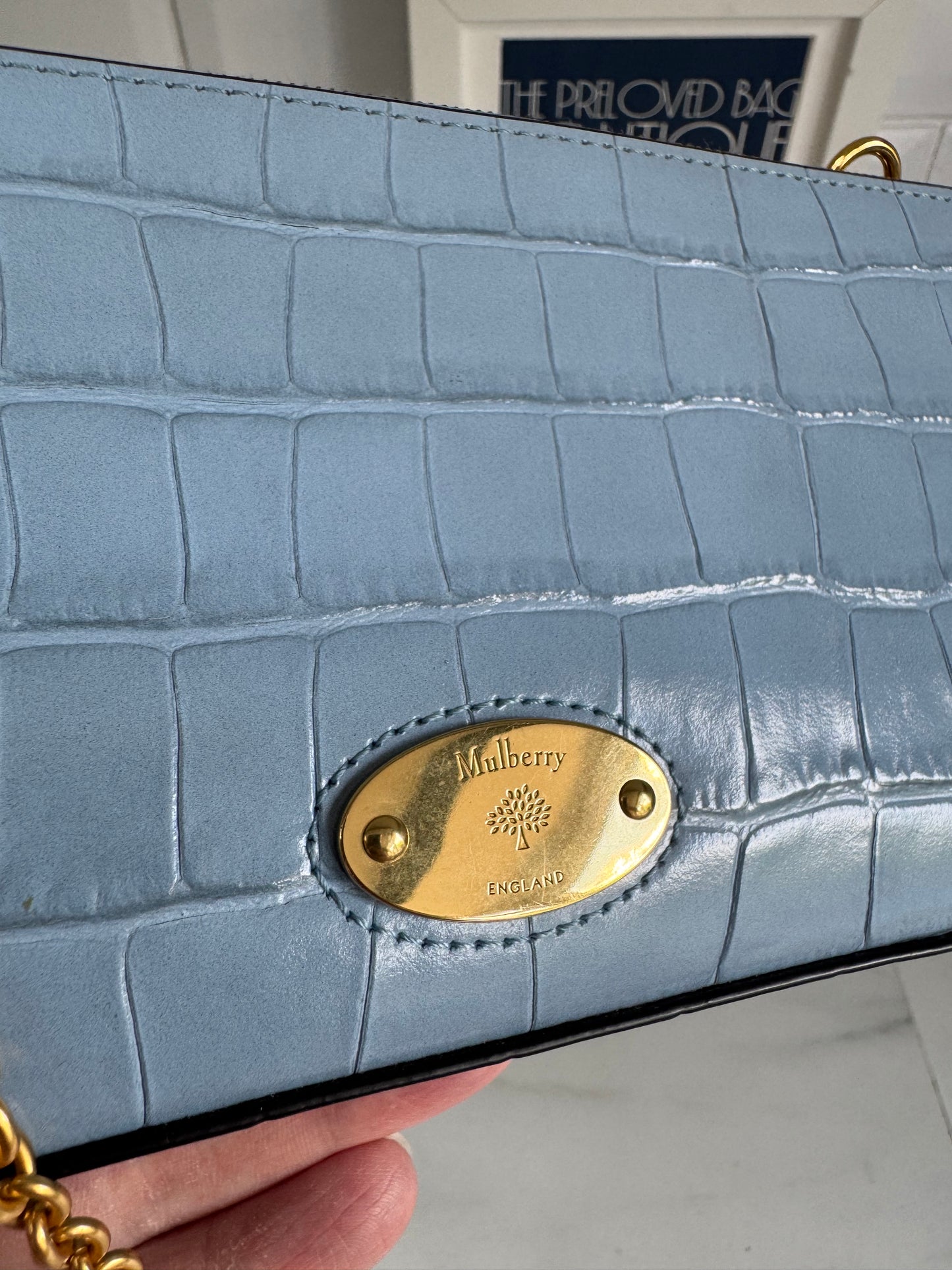 Mulberry Plaque WOC (wallet on a chain) - Cornflower Blue croc embossed