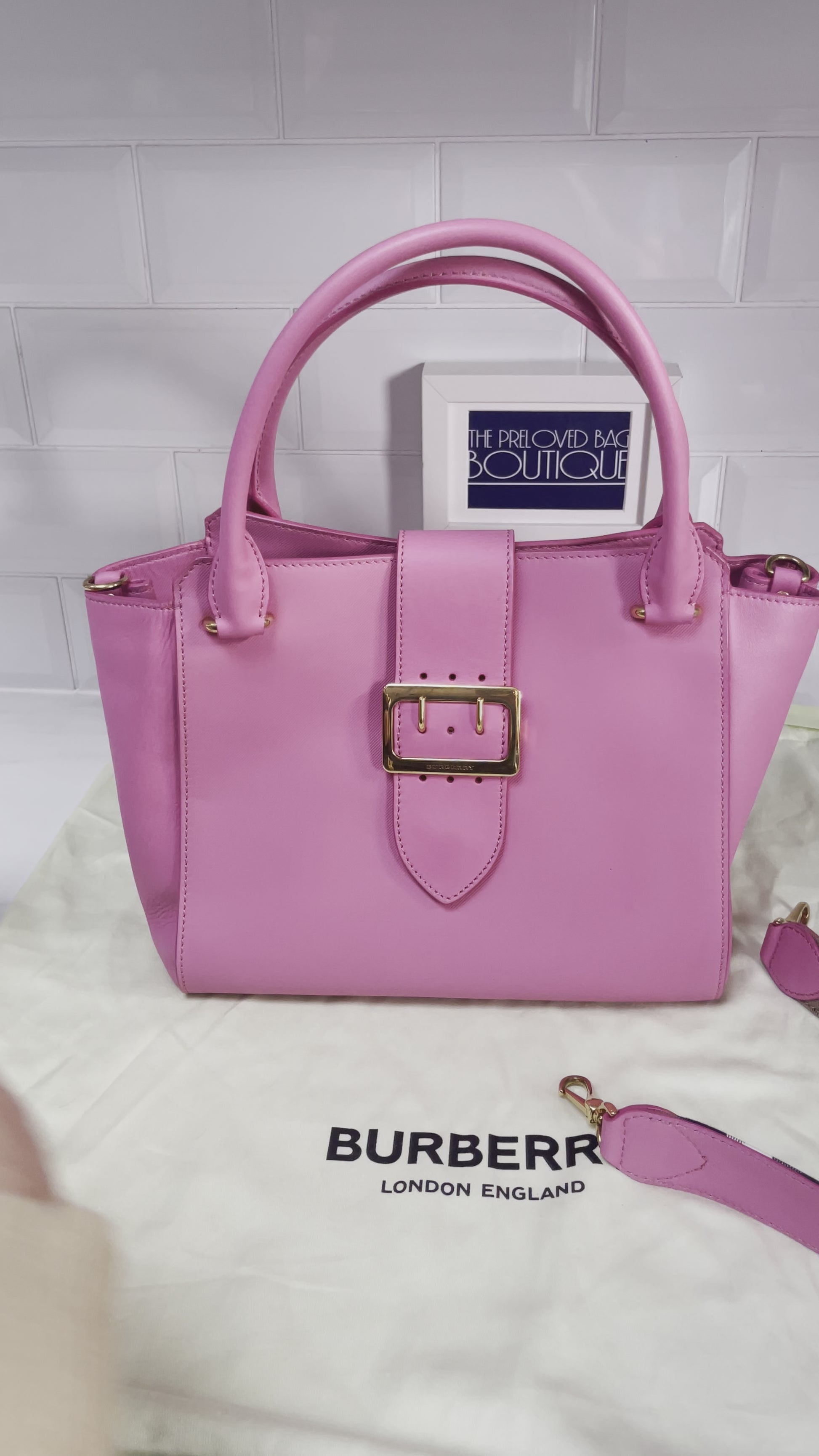 burberry medium buckle tote in pink